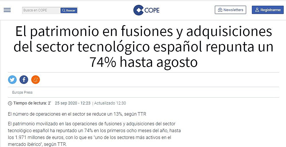 El patrimonio en fusiones y adquisiciones del sector tecnolgico espaol repunta un 74% hasta agosto